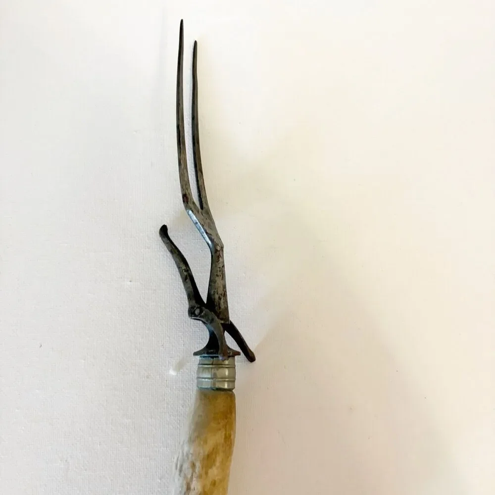Vintage Antler Handled Meat Fork Handle Hunting Cabin 11” Long Horn Stag Deer